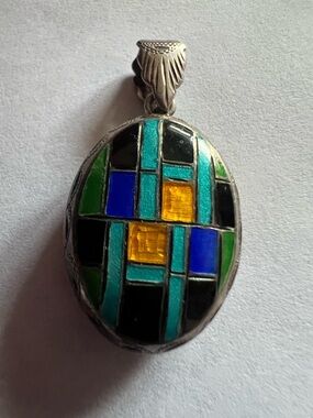 Vintage  locket Turquoise, Blue & Green Geometric Inlay -925 silver